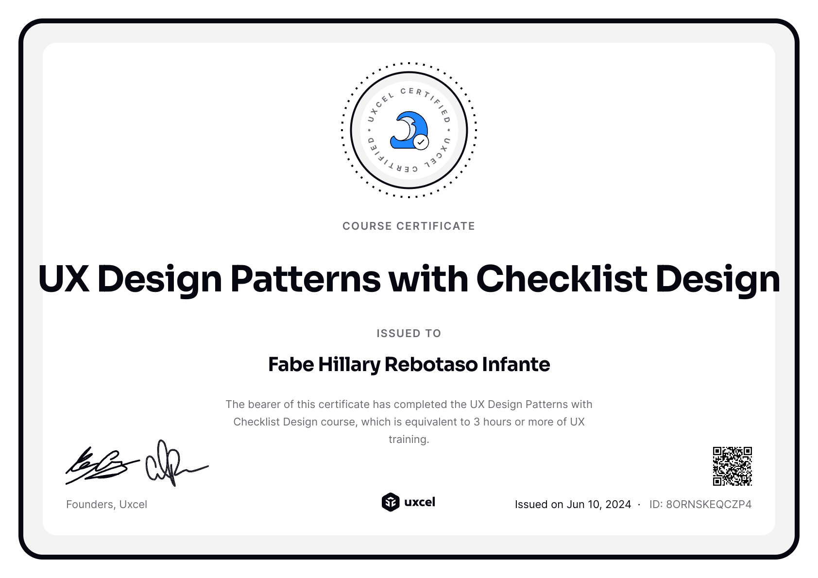 Fabe Hillary Rebotaso Infante's certificate